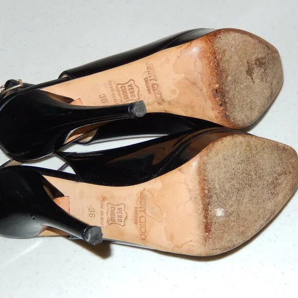 Jimmy Choo Black Patent Peeptoe Slingback Heels Shoes Pumps 36 6 - Picture 9 of 11